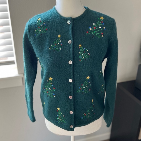 KAREN SCOTT Vintage Green Christmas Tree Wool Cardigan Sweater - Picture 8 of 8